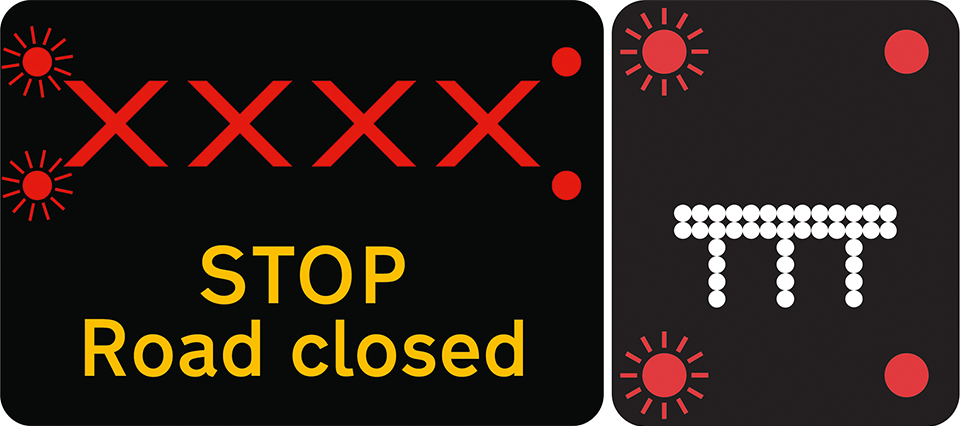 Motorway road-closure signs: red Xs with 'STOP Road closed', and a black sign with white lane symbols and red flashing lights