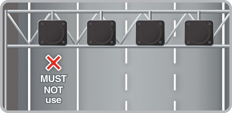 Diagram of a motorway gantry with blank black signs above each lane, indicating the hard shoulder must not be used