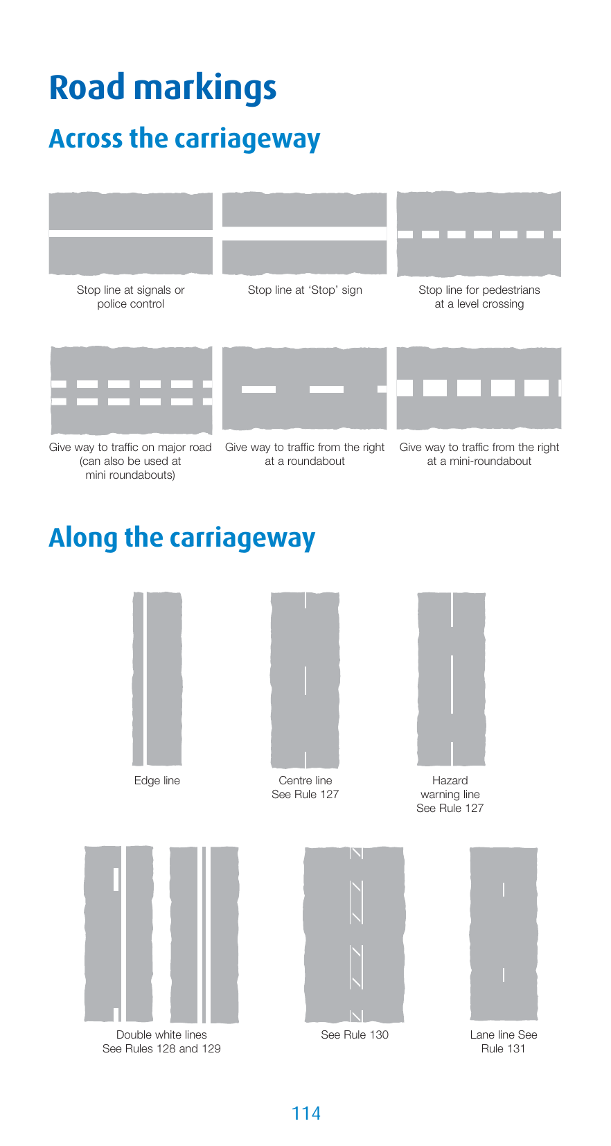 UK road markings — stop lines, give way lines at roundabouts, edge line, centre line, hazard warning line, double white lines and lane lines