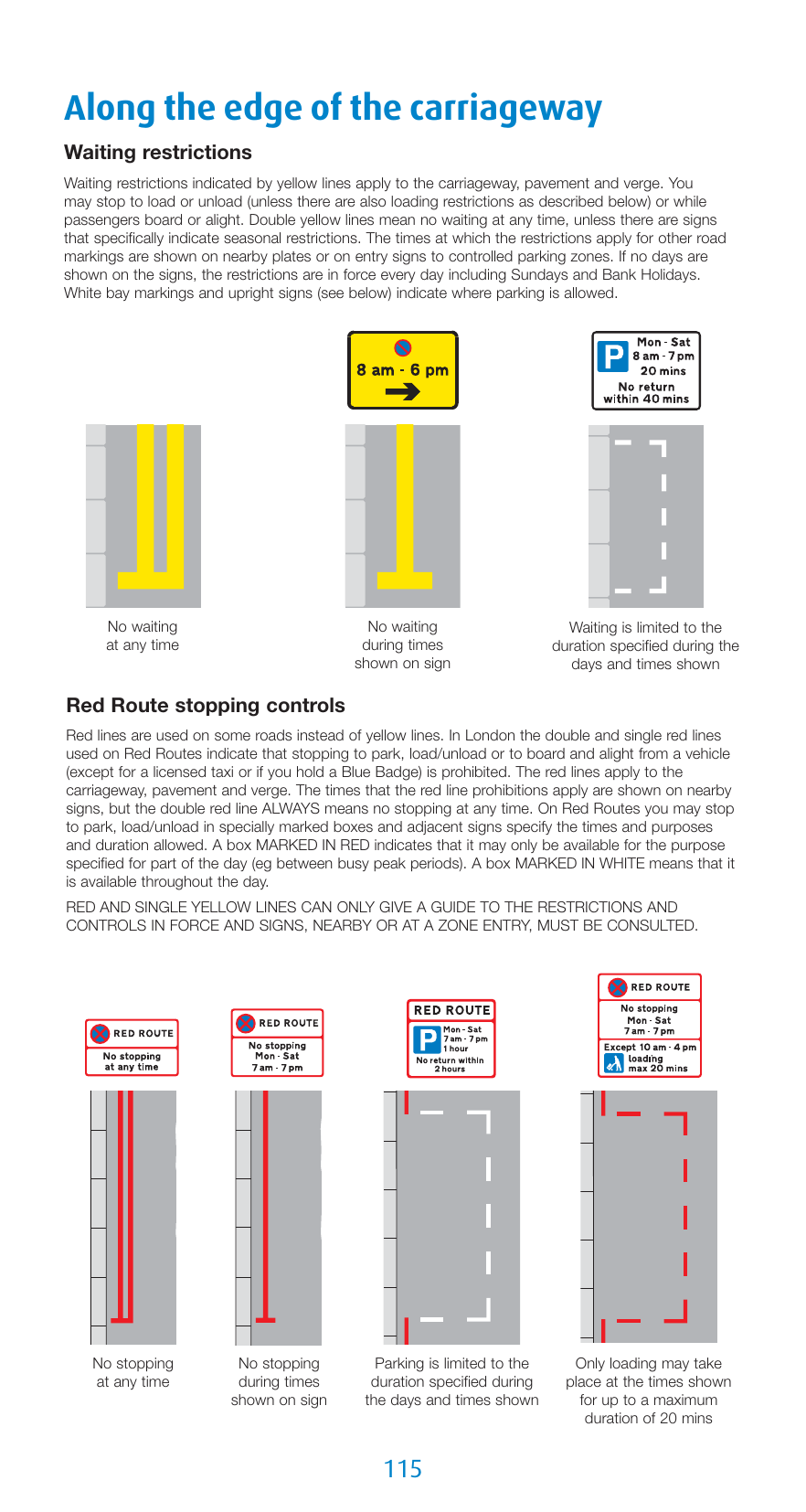 UK road markings — single and double yellow waiting restriction lines, red route single and double red lines with parking and loading boxes